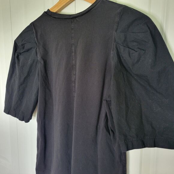 ZARA SIZE SMALL SHORT PUFF HALF SLEEVE BLACK TOP COTTON BLOUSE ROUND NECK BASIC - Picture 4 of 5